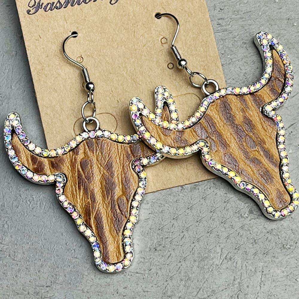 Rhinestone Trim Alloy Bull Earrings - Trendsi - Flyclothing LLC
