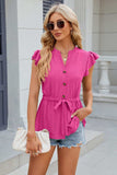 Eyelet Notched Cap Sleeve Blouse - Trendsi - Flyclothing LLC