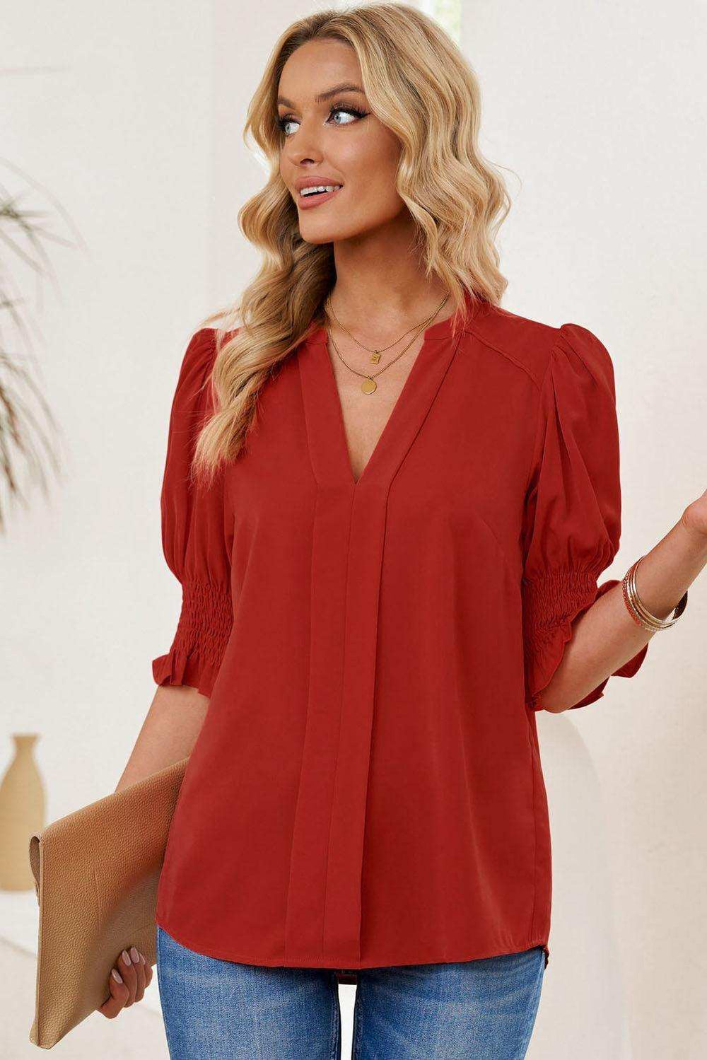 Smocked Flounce Sleeve Notched Neck Blouse - Trendsi - Flyclothing LLC