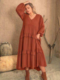 Plus Size Ruffled V-Neck Balloon Sleeve Dress - Trendsi - Flyclothing LLC