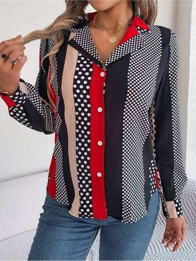 Polka Dot Contrast Long Sleeve Shirt - Trendsi - Flyclothing LLC