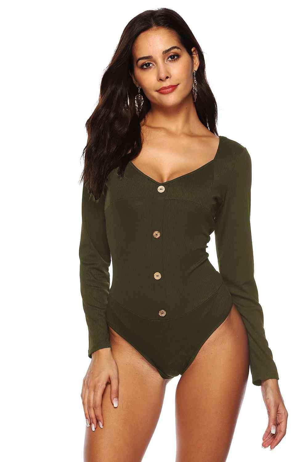 Button Detail Bodysuit - Trendsi - Flyclothing LLC