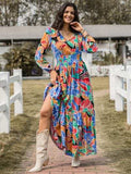Printed Smocked Tie Neck Balloon Sleeve Maxi Dress - Trendsi - Flyclothing LLC