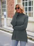 Ribbed Turtleneck Long Sleeve Slit Knit Top - Trendsi - Flyclothing LLC