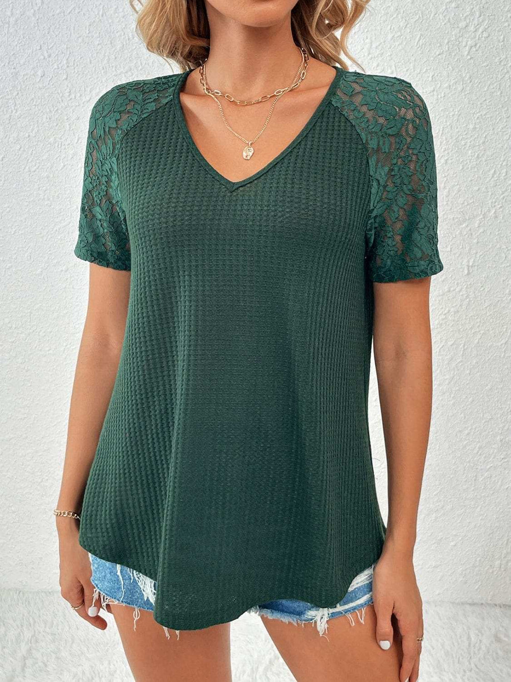 Lace Detail V-Neck Short Sleeve T-Shirt - Trendsi - Flyclothing LLC