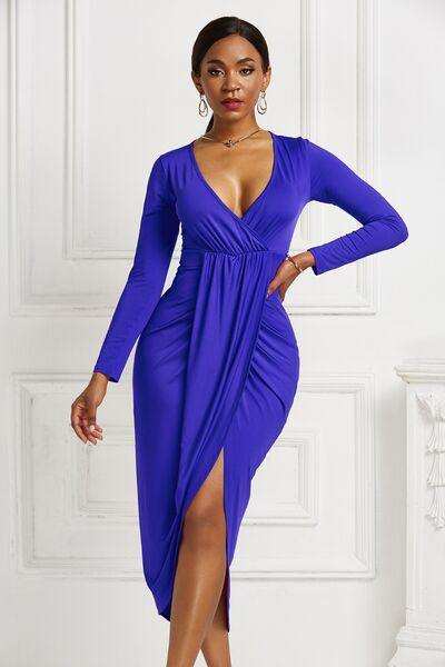 High-low Ruched Surplice Long Sleeve Dress - Trendsi - Flyclothing LLC