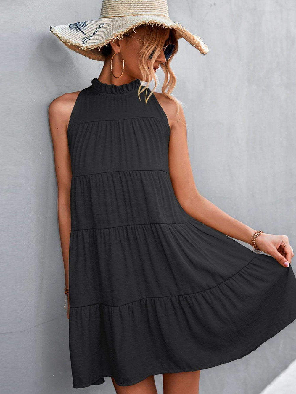 Tie Back Mock Neck Tiered Dress - Trendsi - Flyclothing LLC