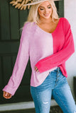 Contrast Color V-Neck Long Sleeve Pullover Sweater - Trendsi - Flyclothing LLC