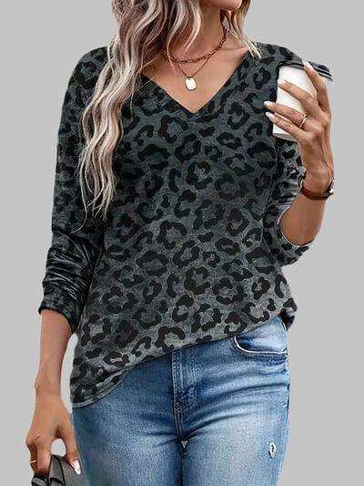 Leopard V-Neck Long Sleeve T-Shirt - Trendsi - Flyclothing LLC