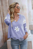 Flower Distressed Long Sleeve Sweater - Trendsi - Flyclothing LLC