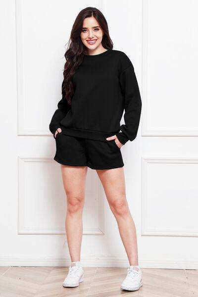 Round Neck Long Sleeve Sweatshirt and Drawstring Shorts Set - Trendsi - Flyclothing LLC