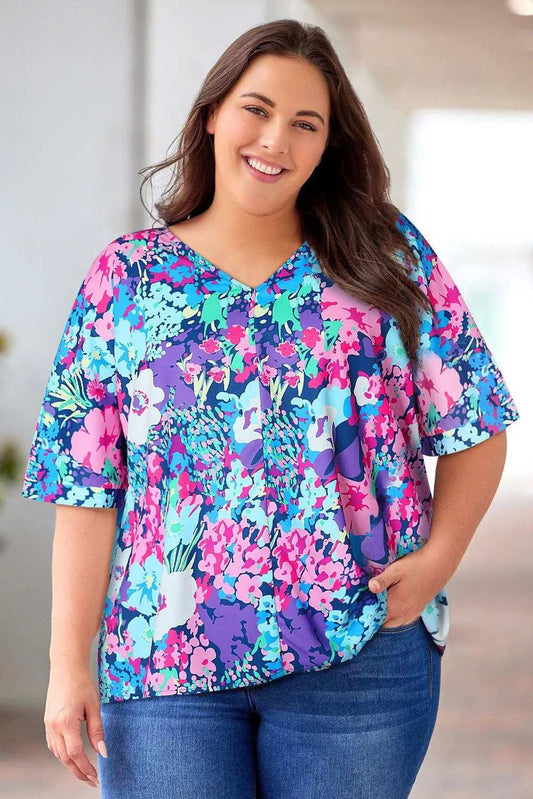 Floral Center Seam V-Neck Blouse - Trendsi - Flyclothing LLC