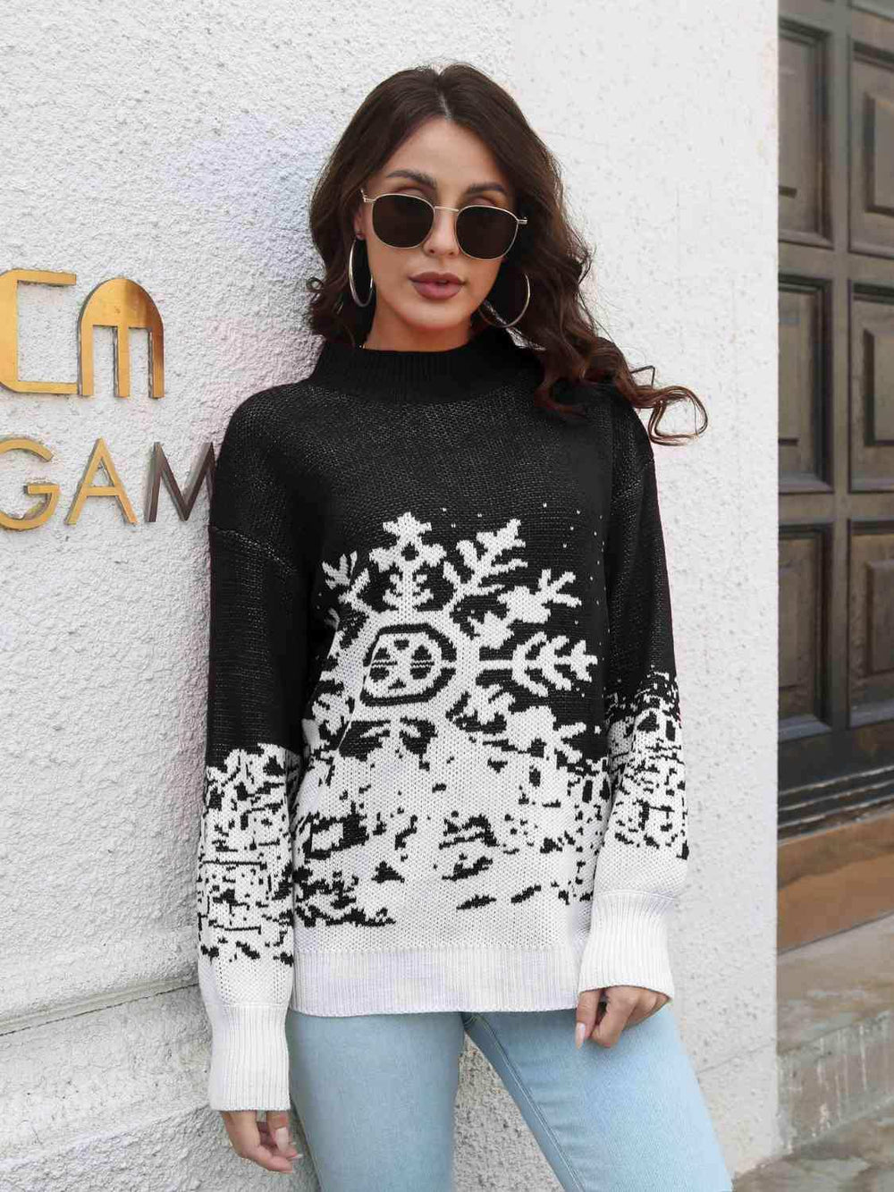 Snowflake Pattern Mock Neck Sweater - Trendsi - Flyclothing LLC