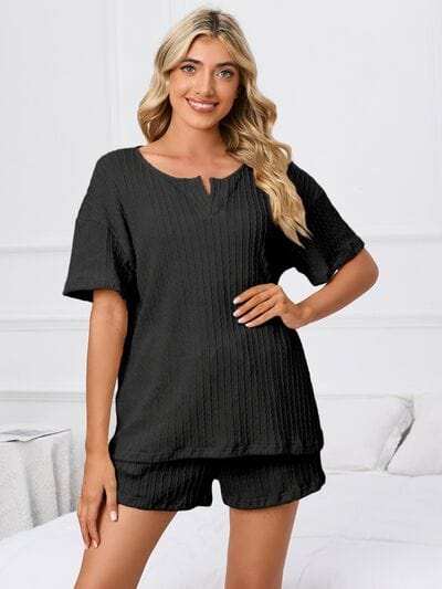Notched Short Sleeve and Shorts Lounge Set - Trendsi - Flyclothing LLC