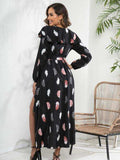 Printed Tie Front Ruffle Trim Long Sleeve Dress - Trendsi - Flyclothing LLC