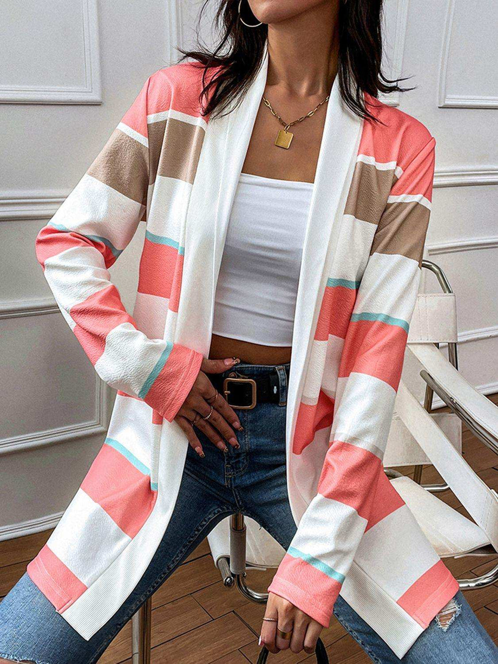 Striped Open Front Longline Cardigan - Trendsi - Flyclothing LLC