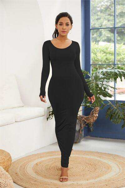 Round Neck Long Sleeve Maxi Wrap Dress - Trendsi - Flyclothing LLC