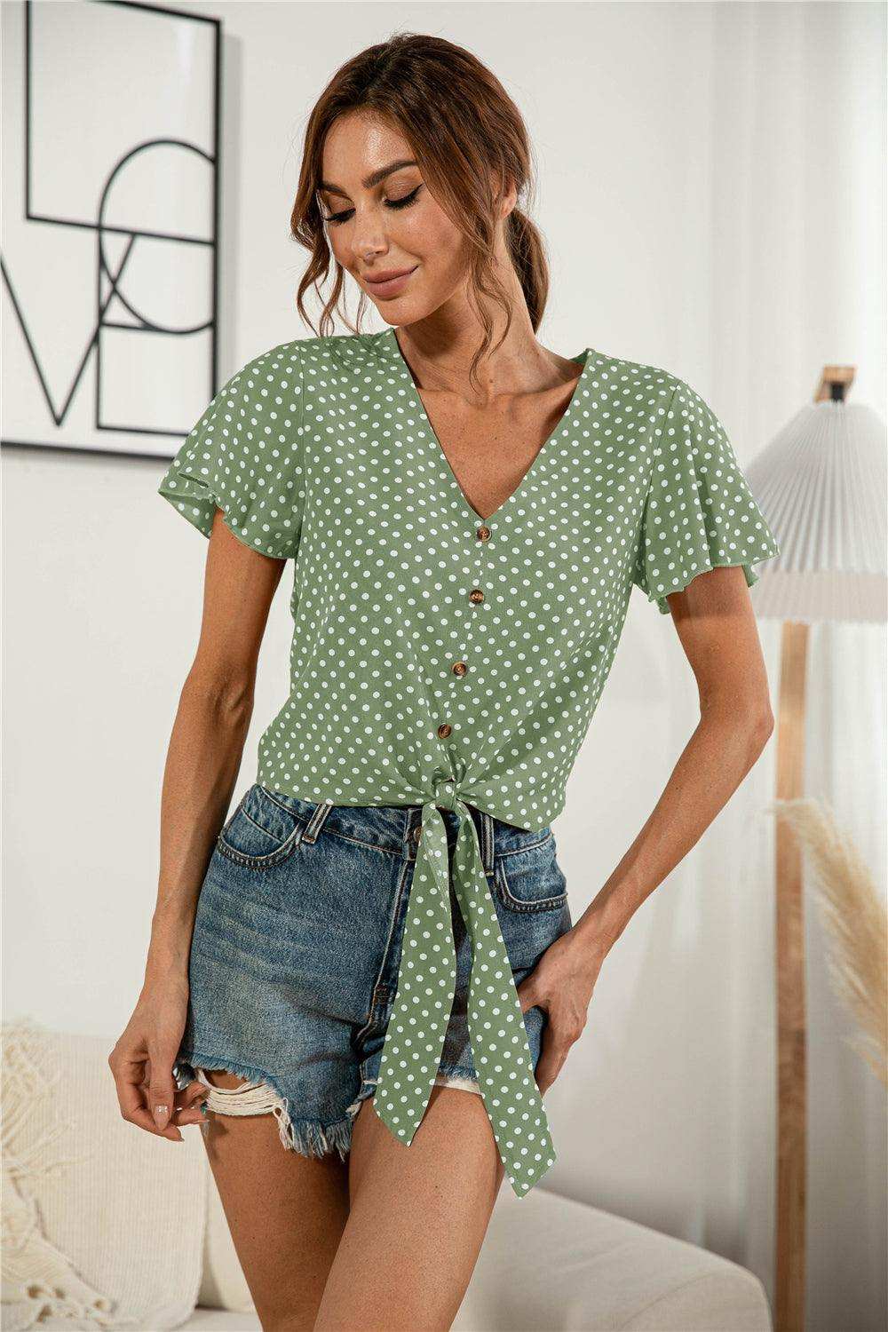 Decorative Button V-Neck Tied Blouse - Trendsi - Flyclothing LLC