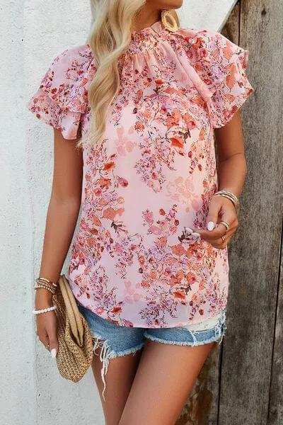 Printed Ruffled Mock Neck Blouse - Trendsi - Flyclothing LLC