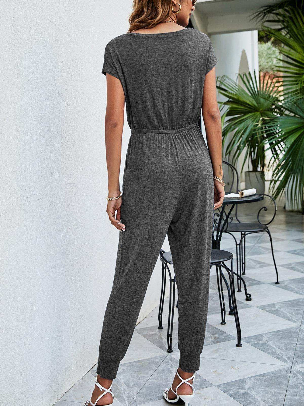 Drawstring Waist Short Sleeve Jogger Jumpsuit - Trendsi - Flyclothing LLC