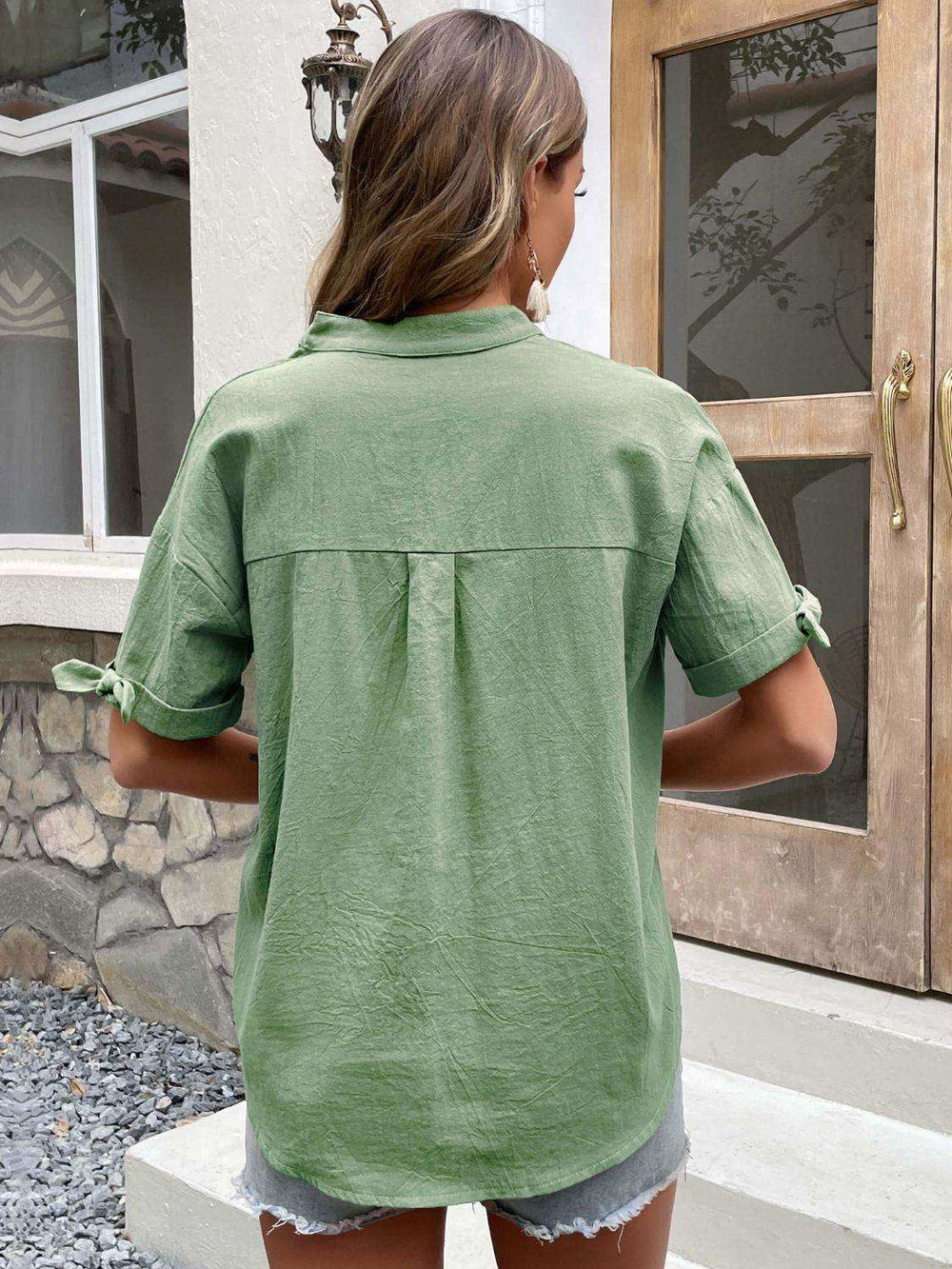 Buttoned Notched Neck Cuffed Sleeve Blouse - Trendsi - Flyclothing LLC