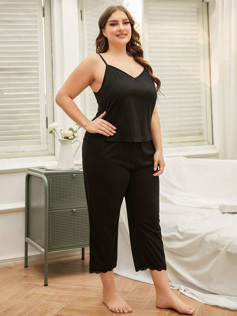 Plus Size Lace Trim Slit Cami and Pants Pajama Set - Trendsi - Flyclothing LLC