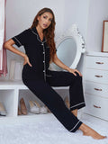 Contrast Piping Lapel Collar Short Sleeve Top and Pants Pajama Set - Trendsi - Flyclothing LLC