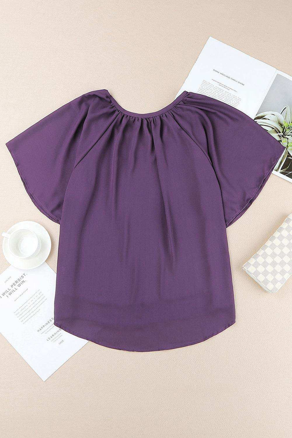 Gathered Detail Notched Neck Flutter Sleeve Top - Trendsi - Flyclothing LLC