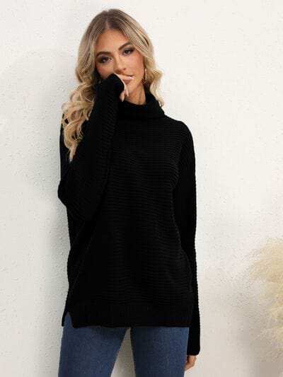 Slit Turtleneck Dropped Shoulder Sweater - Trendsi - Flyclothing LLC