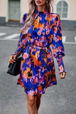 Printed Tie Waist Mock Neck Lantern Sleeve Dress - Trendsi - Flyclothing LLC