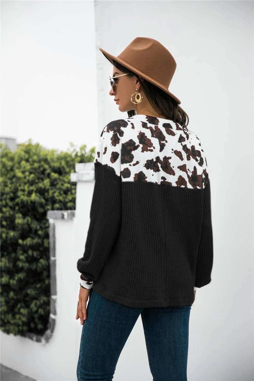 Animal Print Color Block Waffle-Knit Top - Trendsi - Flyclothing LLC