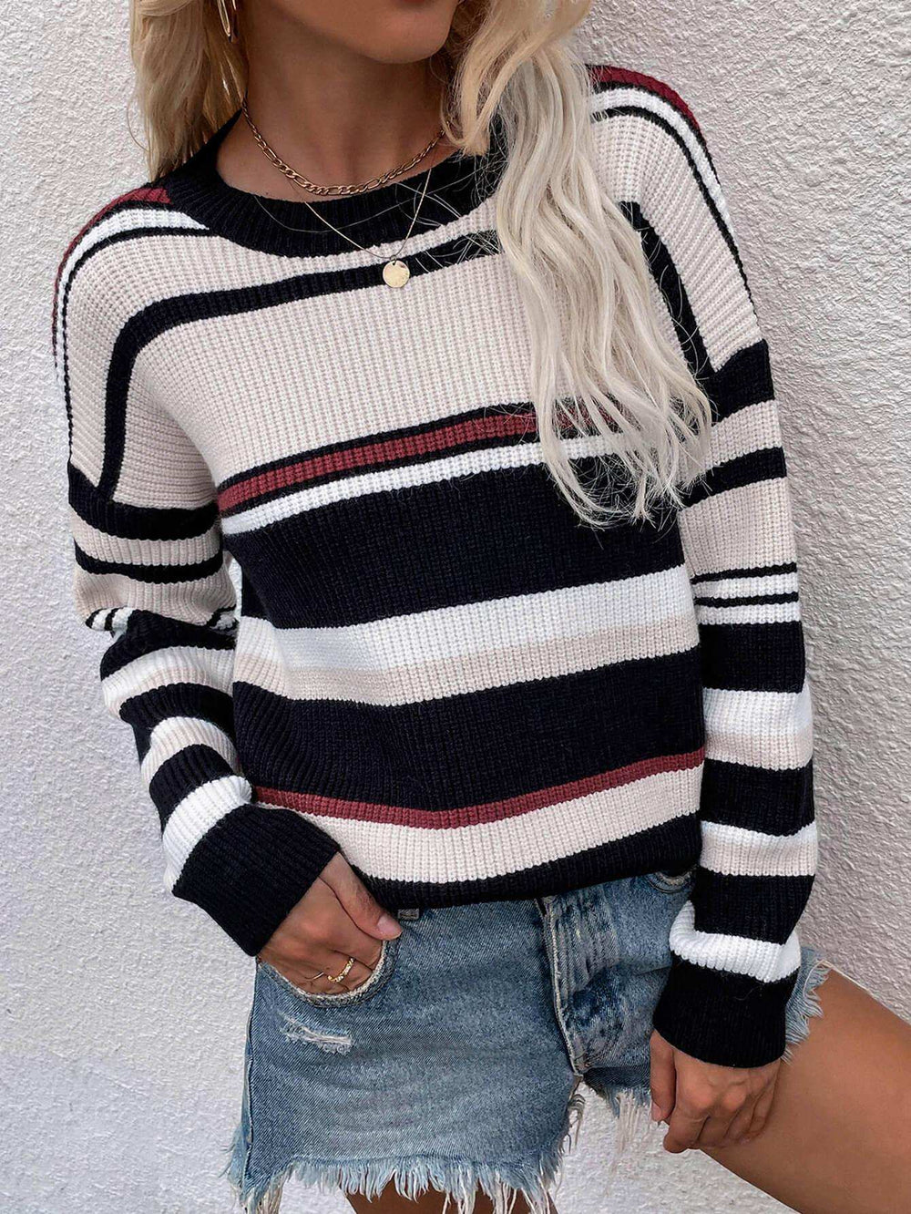 Striped Drop Shoulder Round Neck Pullover Sweater - Trendsi - Flyclothing LLC