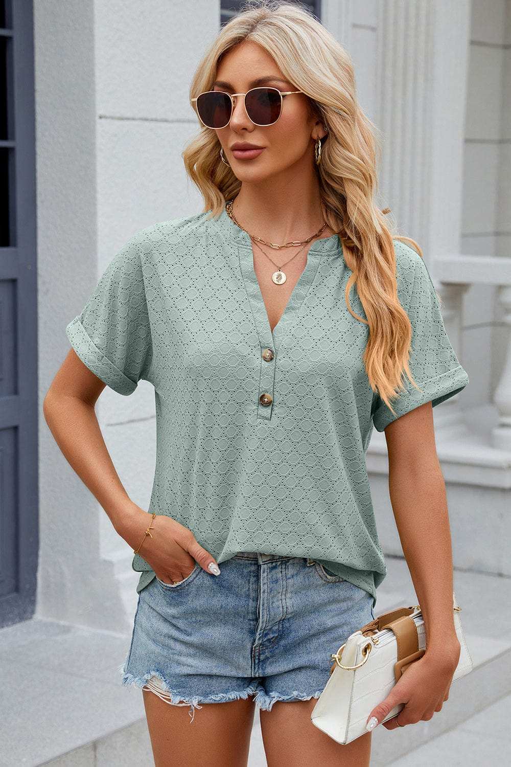 Eyelet Notched Short Sleeve T-Shirt - Trendsi - Flyclothing LLC