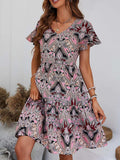 Printed V-Neck Tiered Dress - Trendsi - Flyclothing LLC