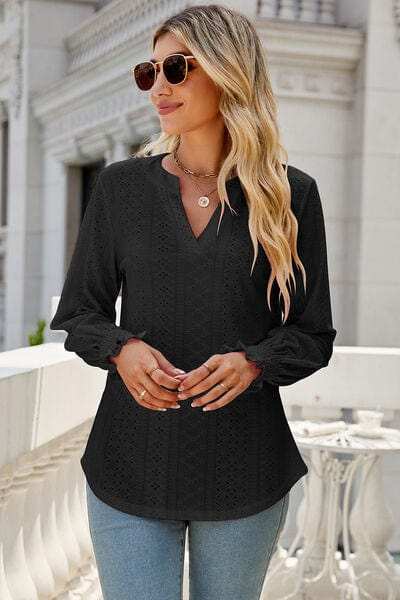 Eyelet Notched Lantern Sleeve T-Shirt - Trendsi - Flyclothing LLC
