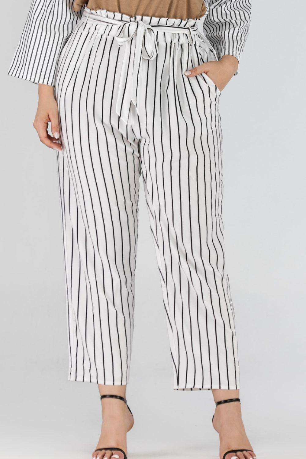 Full Size Striped Paperbag Waist Cropped Pants - Trendsi - Flyclothing LLC