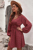 Smocked V-Neck Balloon Sleeve Dress - Trendsi - Flyclothing LLC