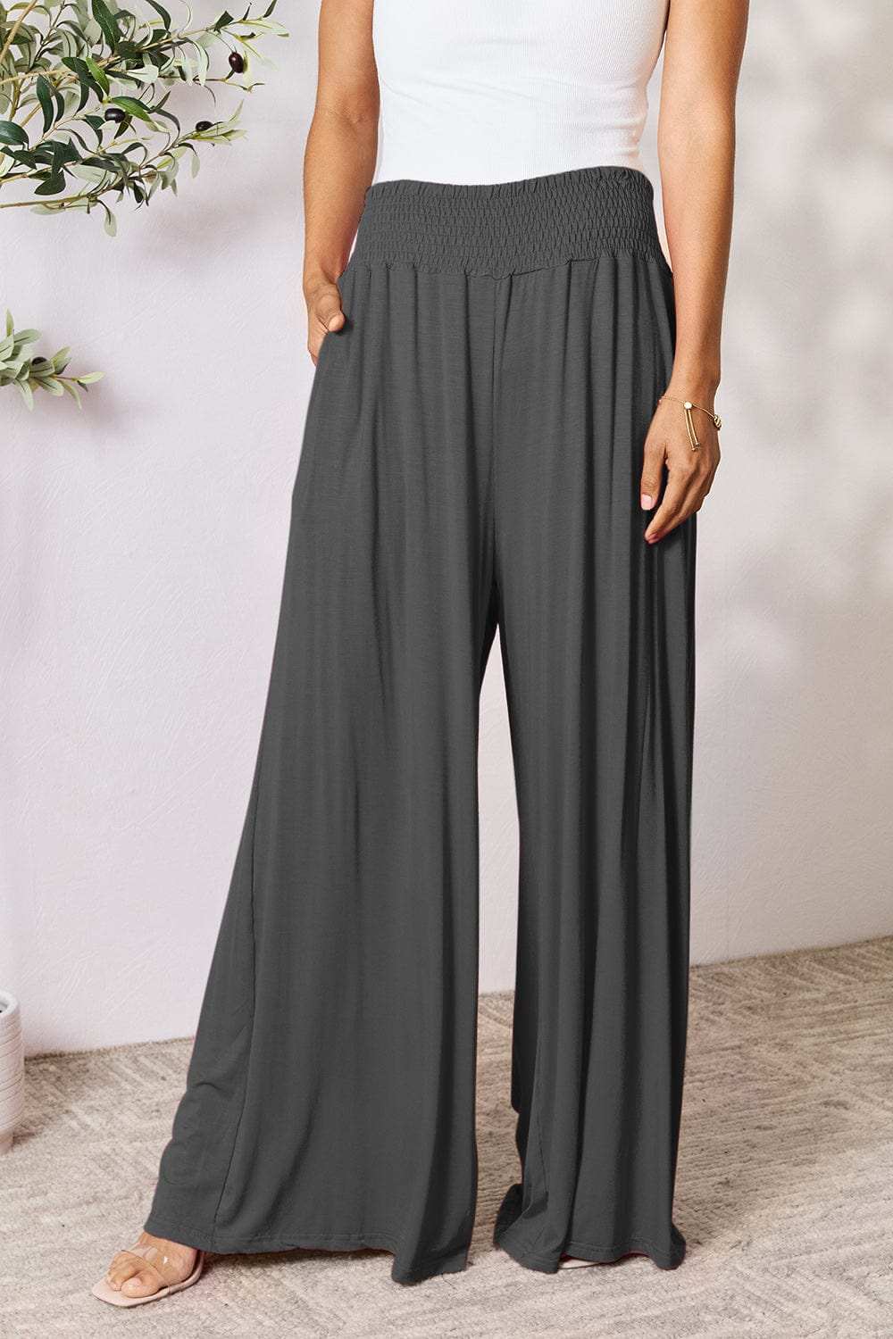 Double Take Full Size Smocked Wide Waistband Wide Leg Pants - Trendsi - Flyclothing LLC