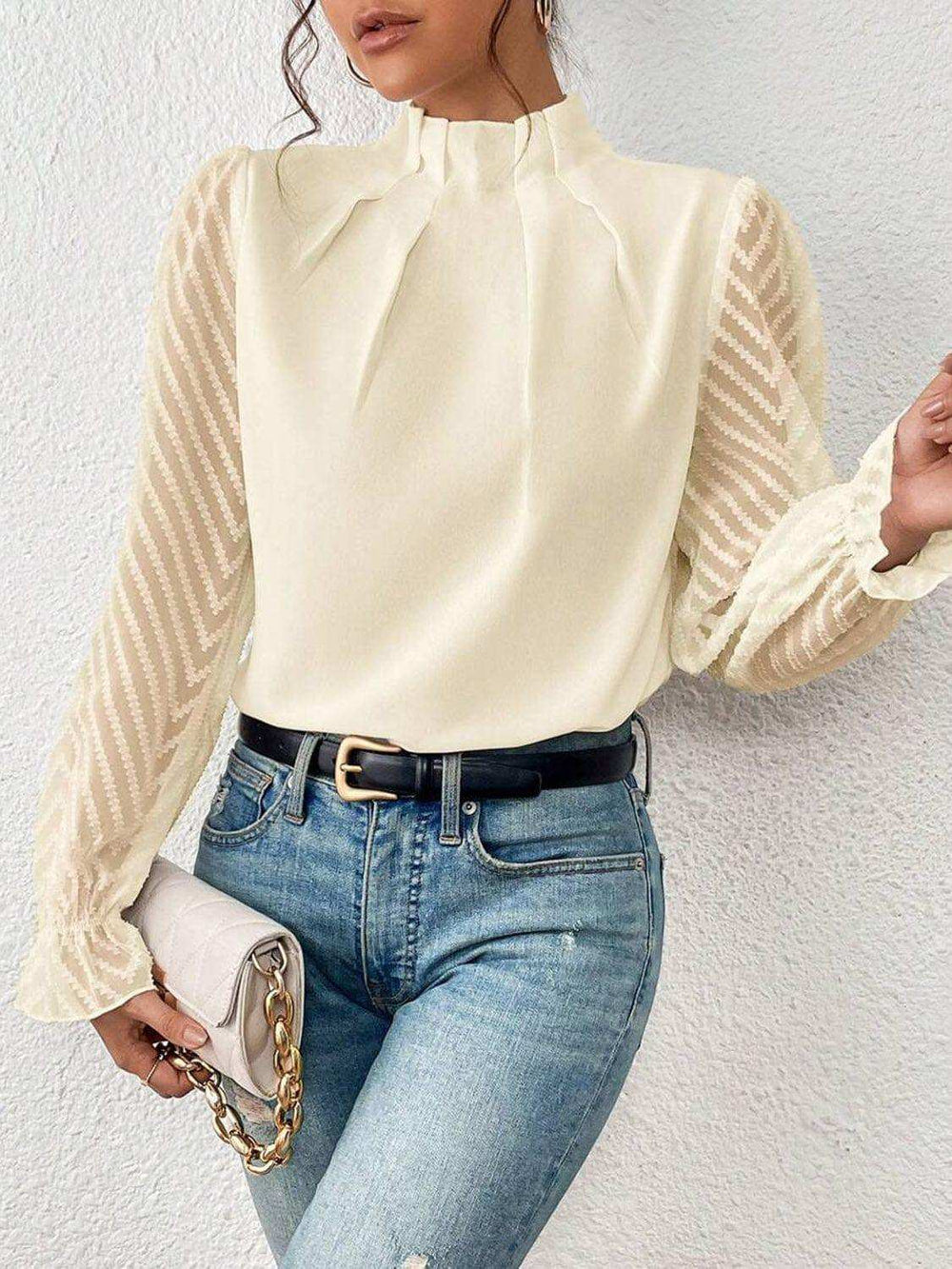 Mock Neck Flounce Sleeve Blouse - Trendsi - Flyclothing LLC