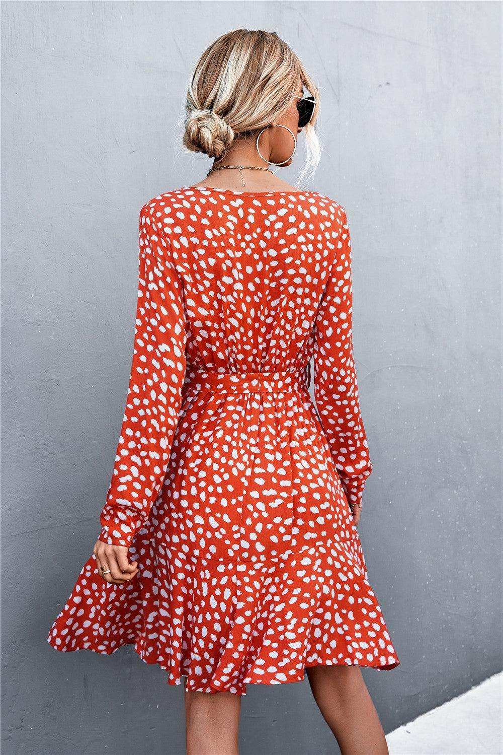 Printed V-Neck Tie Belt Ruffle Hem Mini Dress - Trendsi - Flyclothing LLC