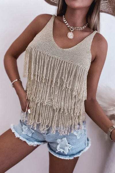 Fringe V-Neck Knit Tank - Trendsi - Flyclothing LLC
