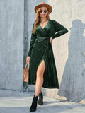 Tie Front Long Sleeve Slit Dress - Trendsi - Flyclothing LLC