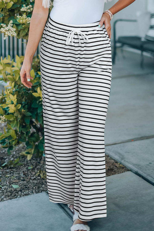 Striped Drawstring Waist Wide Leg Pants - Trendsi - Flyclothing LLC
