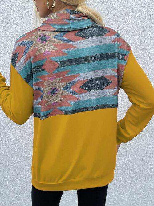 Geometric Drawstring Long-Sleeve Sweatshirt - Trendsi - Flyclothing LLC