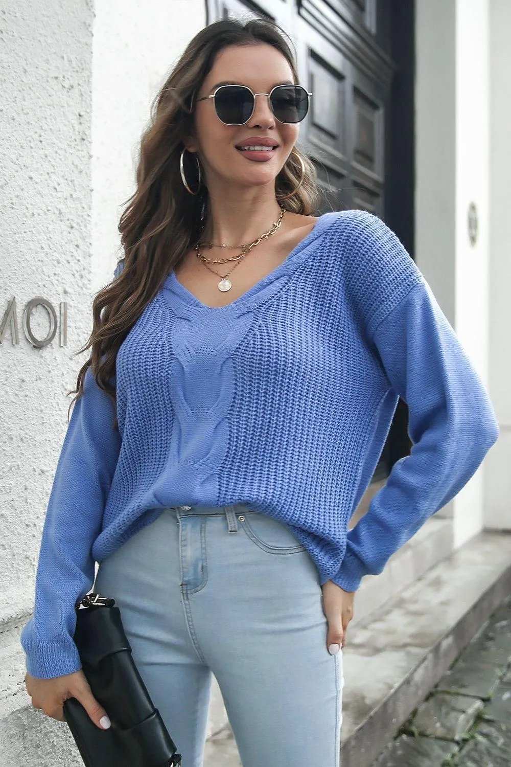 Cable-Knit V-Neck Sweater - Trendsi - Flyclothing LLC