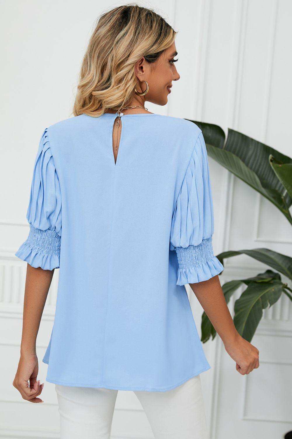 Pleated Flounce Sleeve Keyhole Blouse - Trendsi - Flyclothing LLC