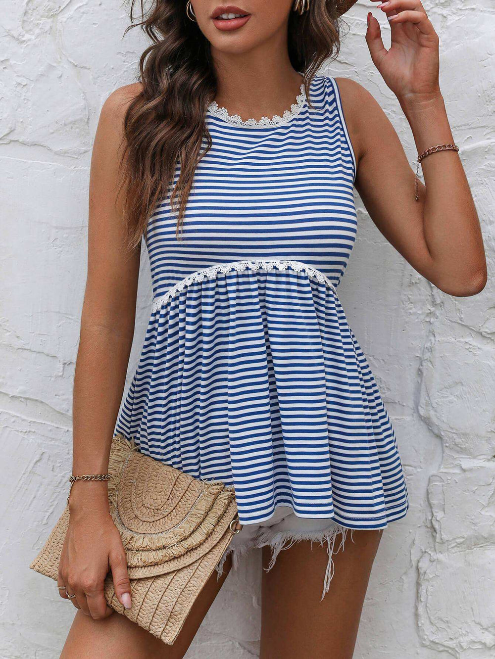 Striped Lace Trim Round Neck Tank - Trendsi - Flyclothing LLC