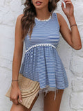 Striped Lace Trim Round Neck Tank - Trendsi - Flyclothing LLC
