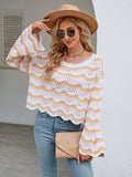 Round Neck Openwork Flare Sleeve Knit Top - Trendsi - Flyclothing LLC