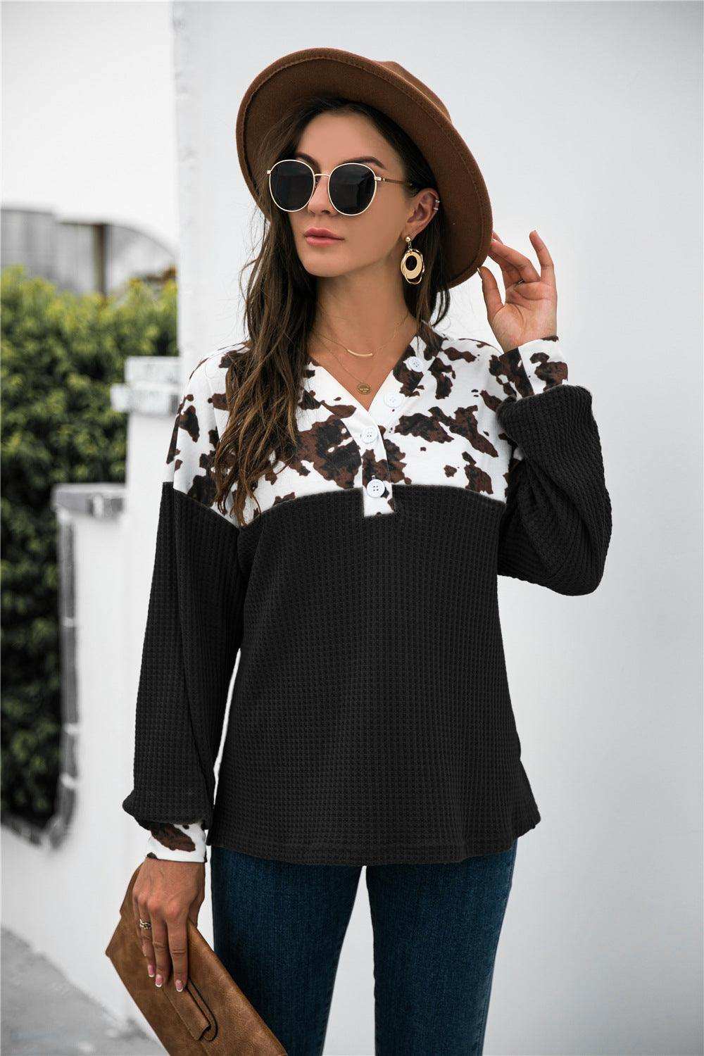 Animal Print Color Block Waffle-Knit Top - Trendsi - Flyclothing LLC